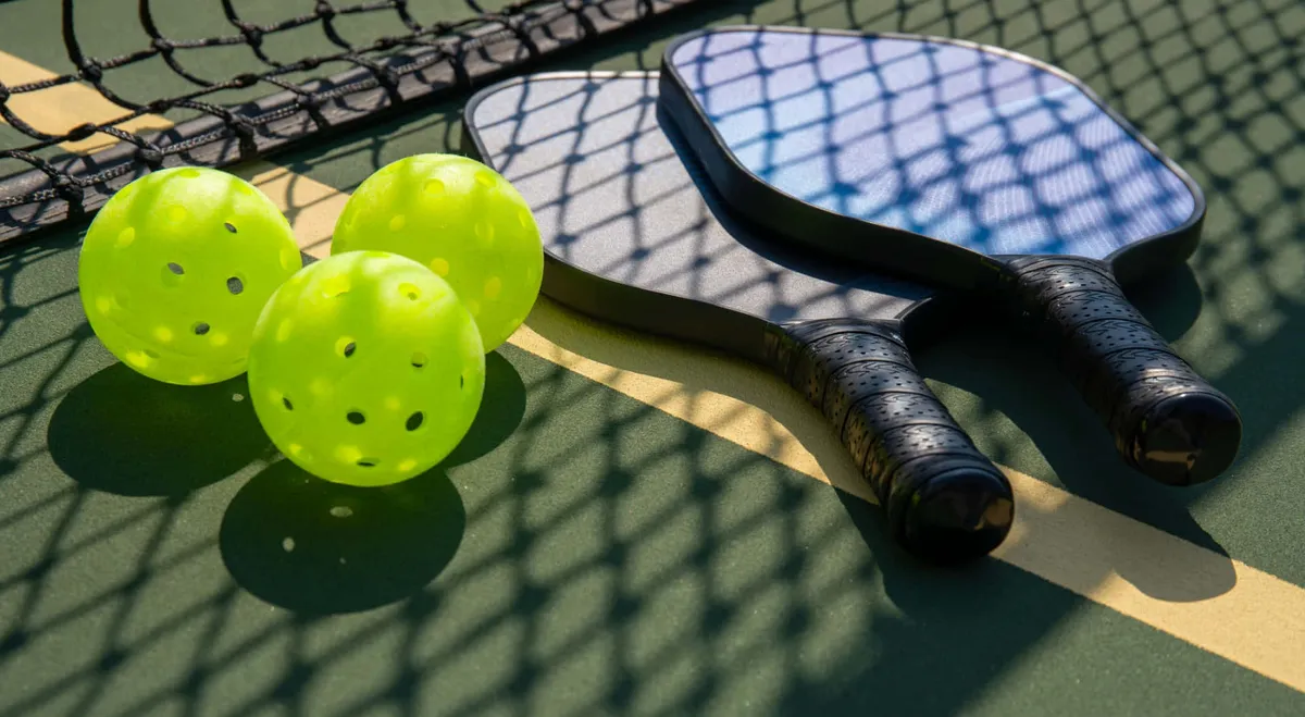 A close-up of two pickleball paddles and three bright yellow balls placed on a clean court with a net in the background, suggesting active play and friendly matches.